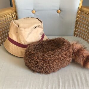 Set of two boys hats, khaki bucket hat & brown faux fur & raccoons tail cap hat